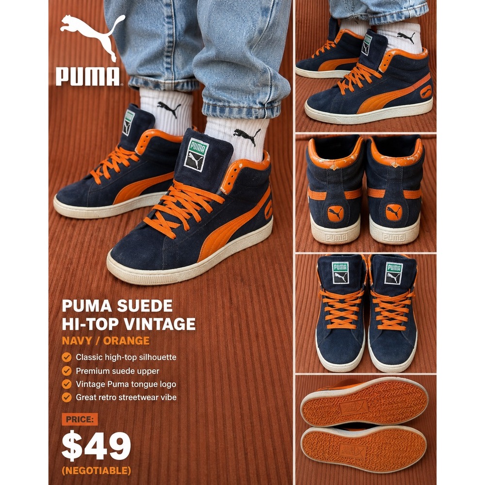 Puma Suede Hi-Top Vintage Navy Orange Sneakers High Top Retro Streetwear